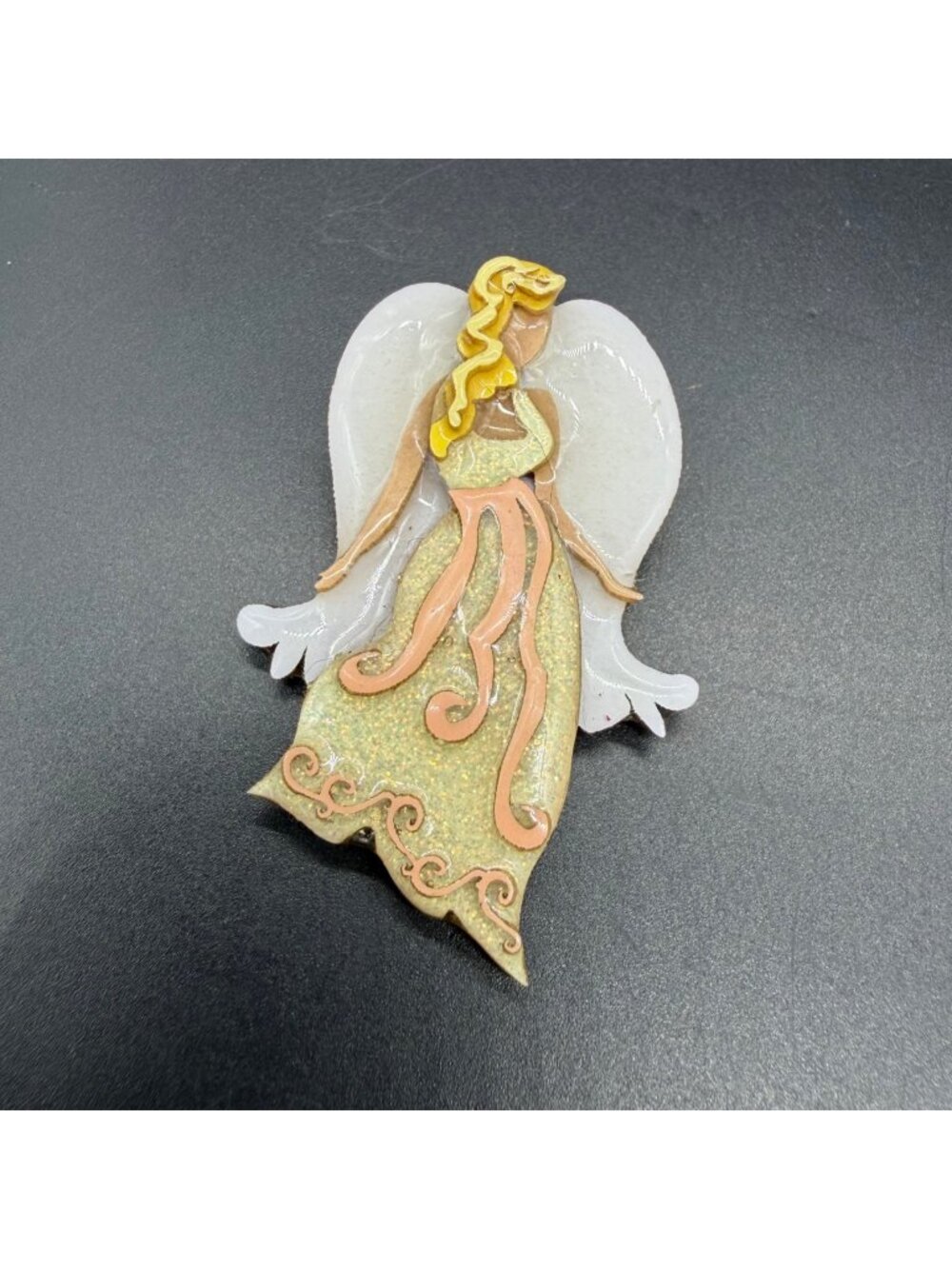 Lucinda Angel Brooch Pin Handmade 1990s Blonde White Glittery Pink Kitschy